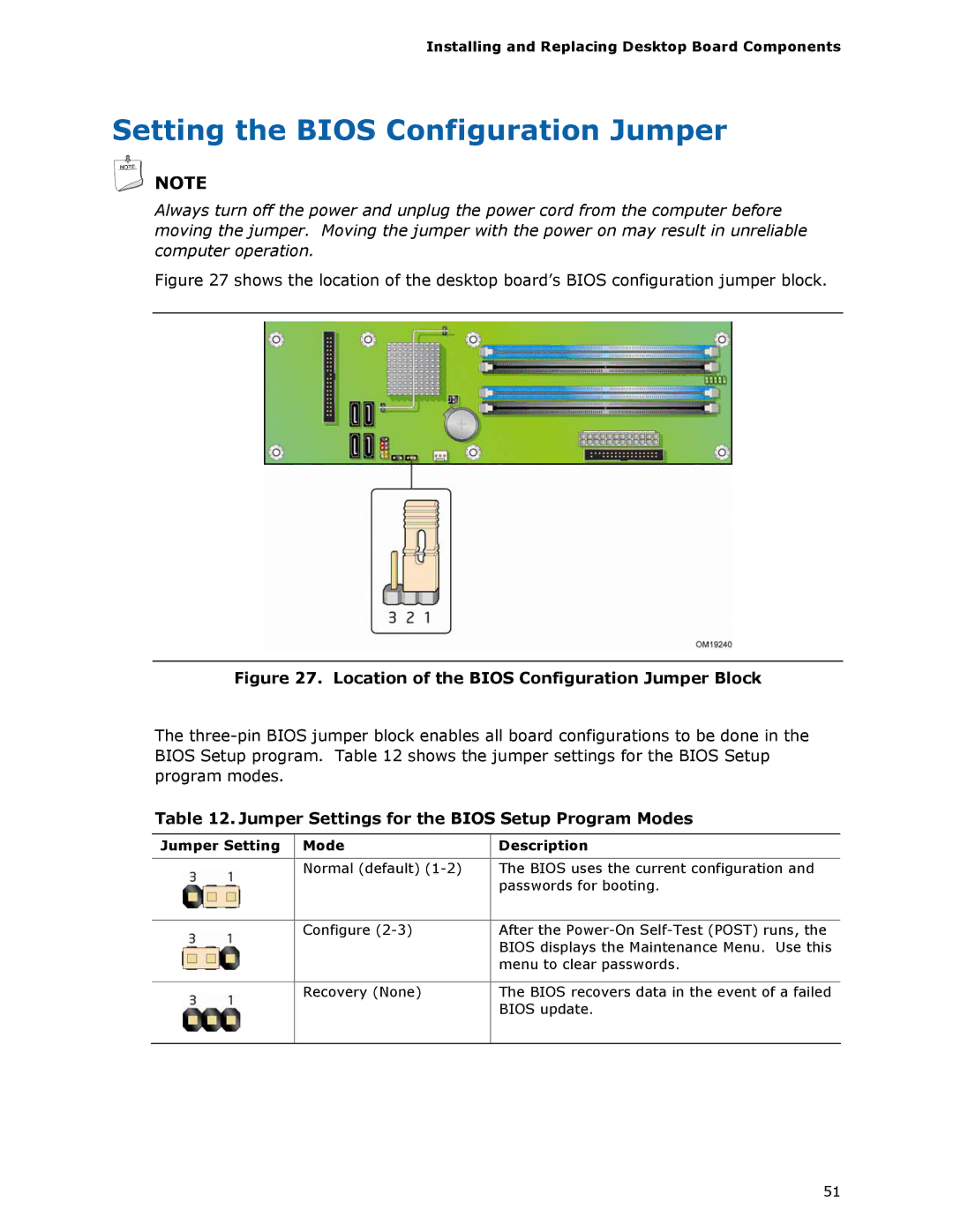 Intel DP965LT manual Setting the Bios Configuration Jumper, Jumper Settings for the Bios Setup Program Modes 