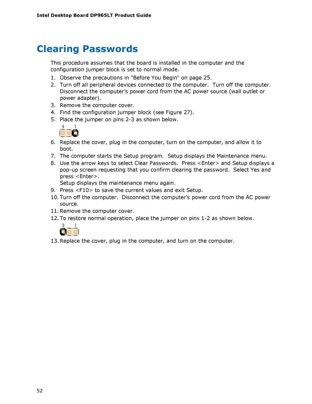 Intel DP965LT manual Clearing Passwords 