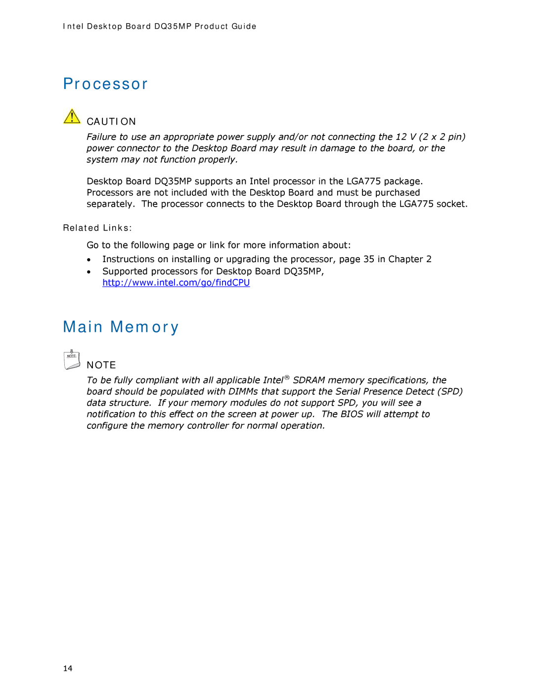 Intel DQ35MP manual Processor, Main Memory 