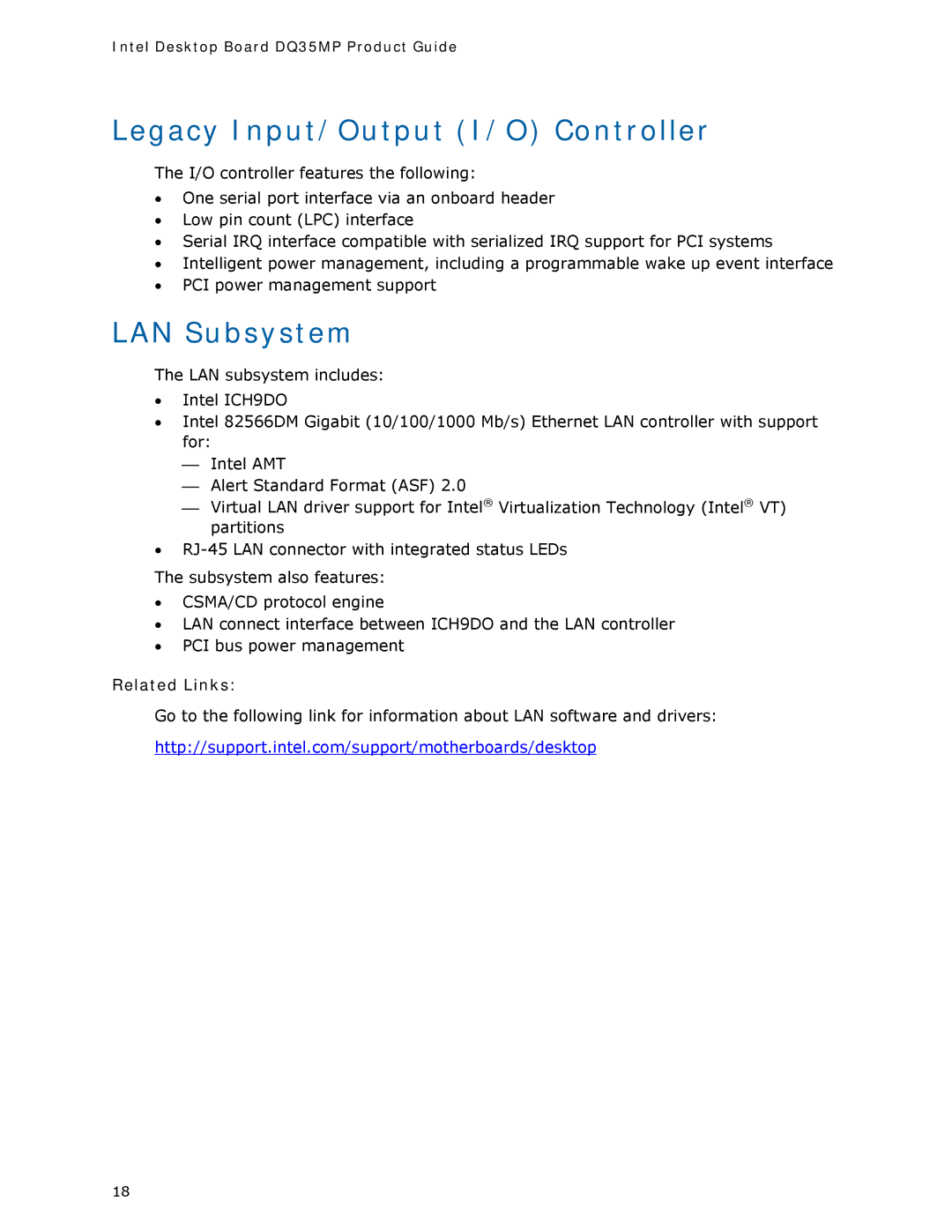 Intel DQ35MP manual Legacy Input/Output I/O Controller, LAN Subsystem 