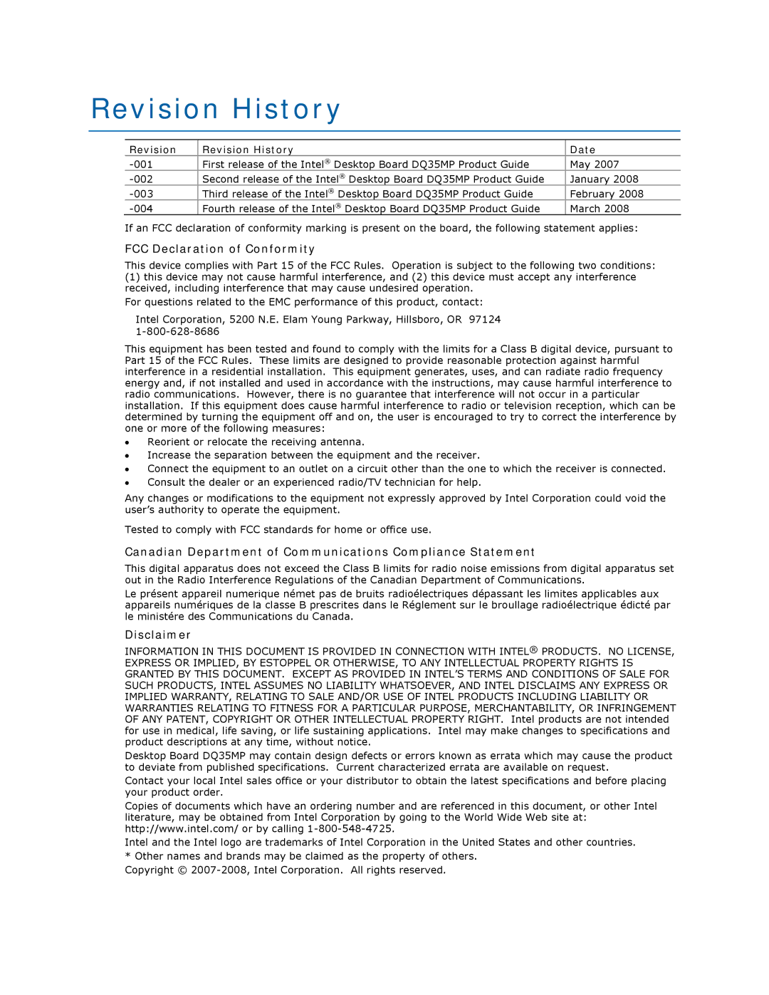 Intel DQ35MP Revision History, FCC Declaration of Conformity, Canadian Department of Communications Compliance Statement 