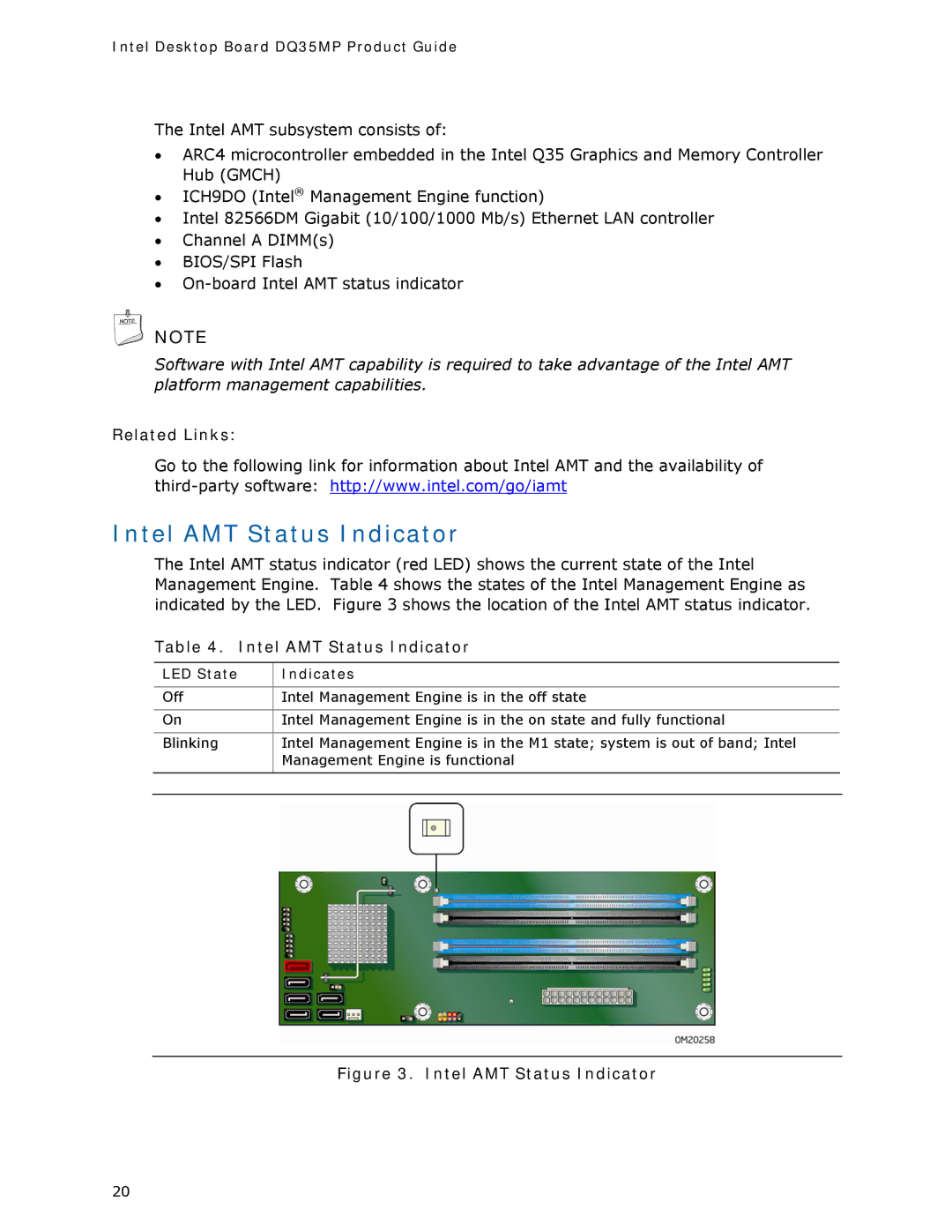 Intel DQ35MP manual Intel AMT Status Indicator, LED State Indicates 