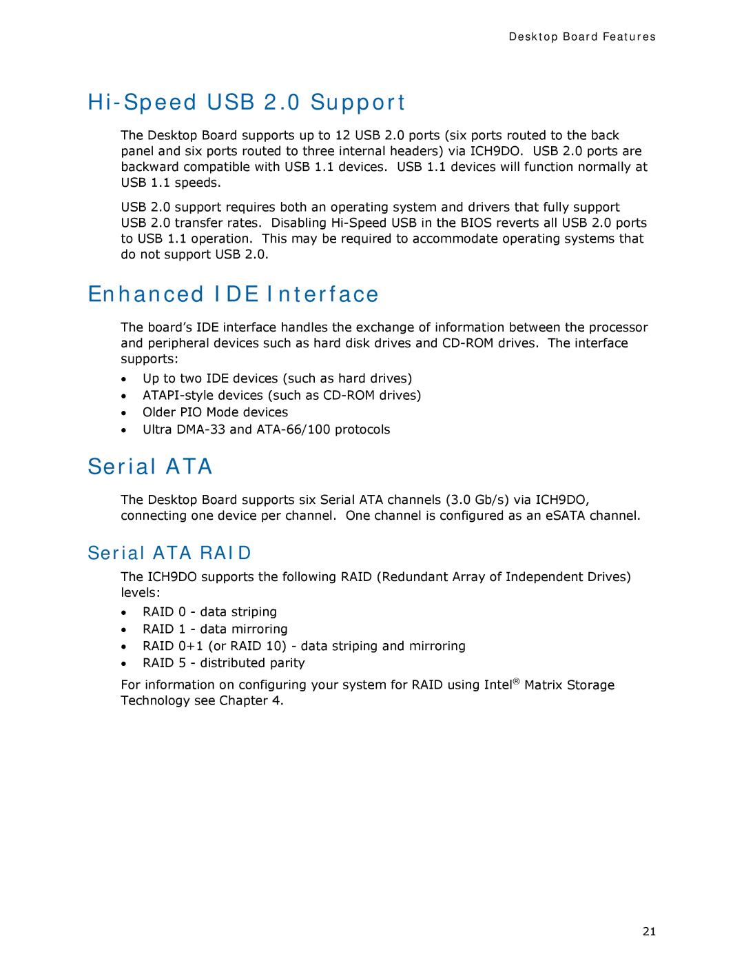 Intel DQ35MP manual Hi-Speed USB 2.0 Support, Enhanced IDE Interface, Serial ATA RAID 