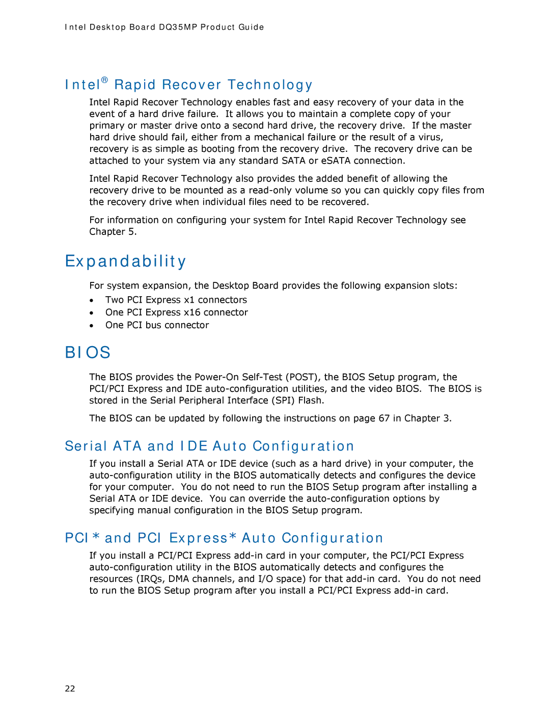 Intel DQ35MP manual Expandability, Intel Rapid Recover Technology, Serial ATA and IDE Auto Configuration 