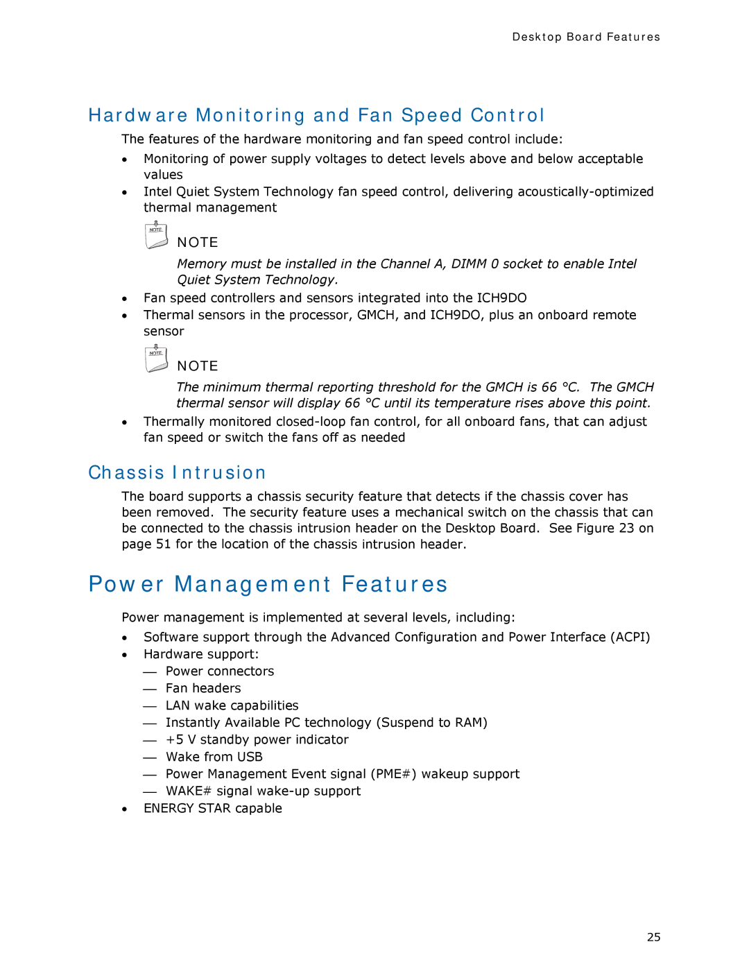 Intel DQ35MP manual Power Management Features, Hardware Monitoring and Fan Speed Control, Chassis Intrusion 