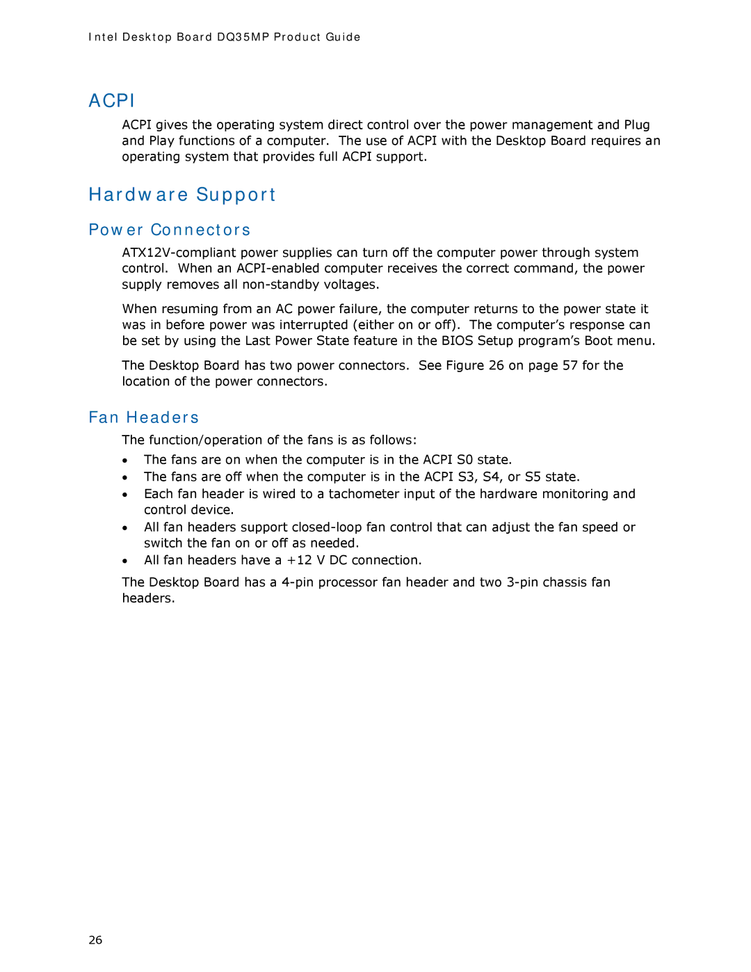 Intel DQ35MP manual Acpi, Hardware Support 