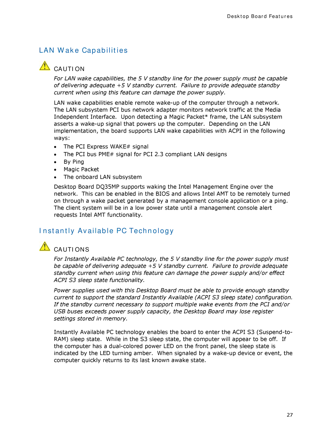 Intel DQ35MP manual LAN Wake Capabilities 