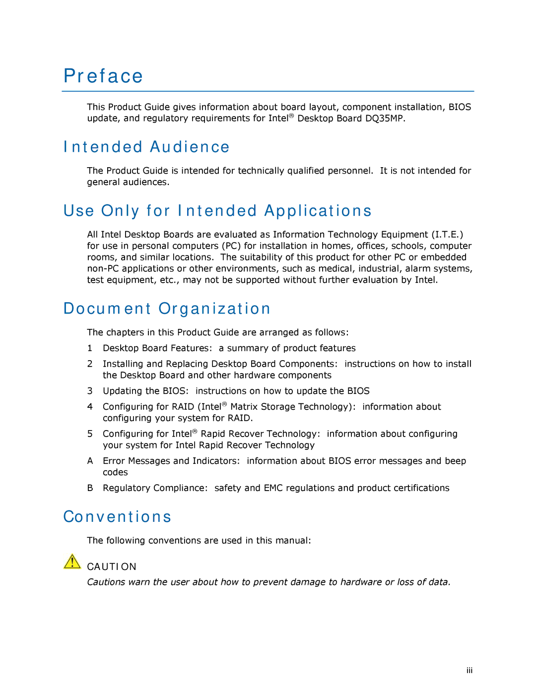 Intel DQ35MP manual Preface, Intended Audience, Use Only for Intended Applications, Document Organization, Conventions 