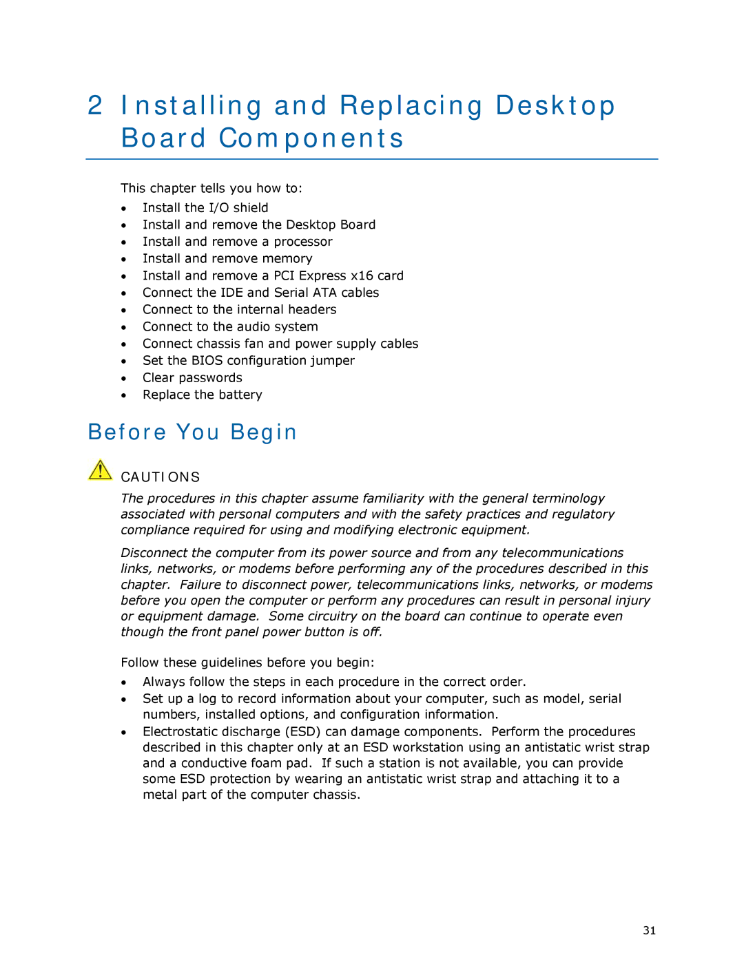 Intel DQ35MP manual Installing and Replacing Desktop Board Components, Before You Begin 