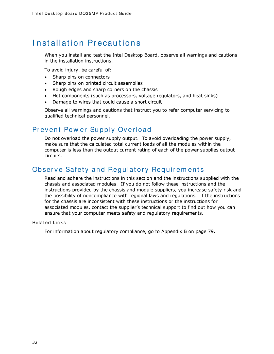 Intel DQ35MP manual Installation Precautions, Prevent Power Supply Overload, Observe Safety and Regulatory Requirements 