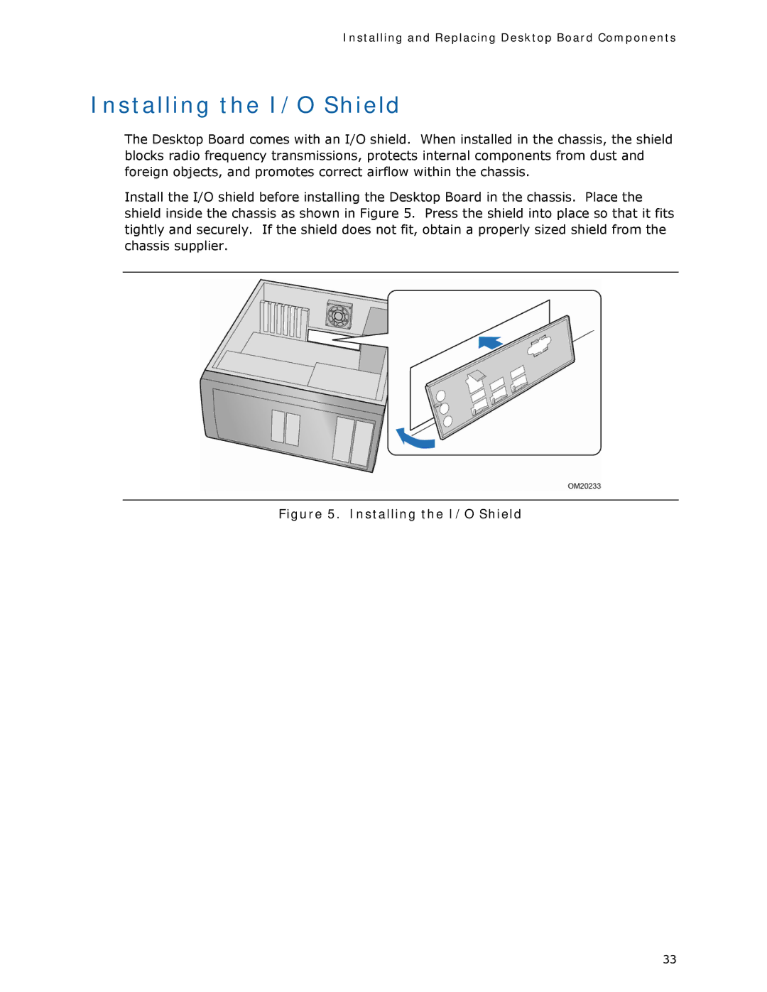 Intel DQ35MP manual Installing the I/O Shield, Installing and Replacing Desktop Board Components 