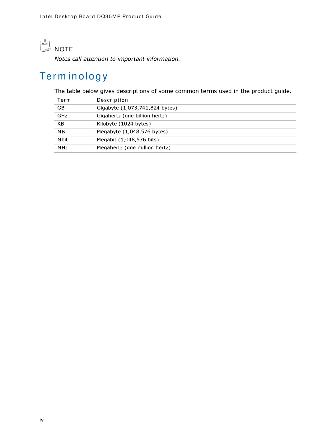 Intel manual Terminology, Intel Desktop Board DQ35MP Product Guide, Term Description 