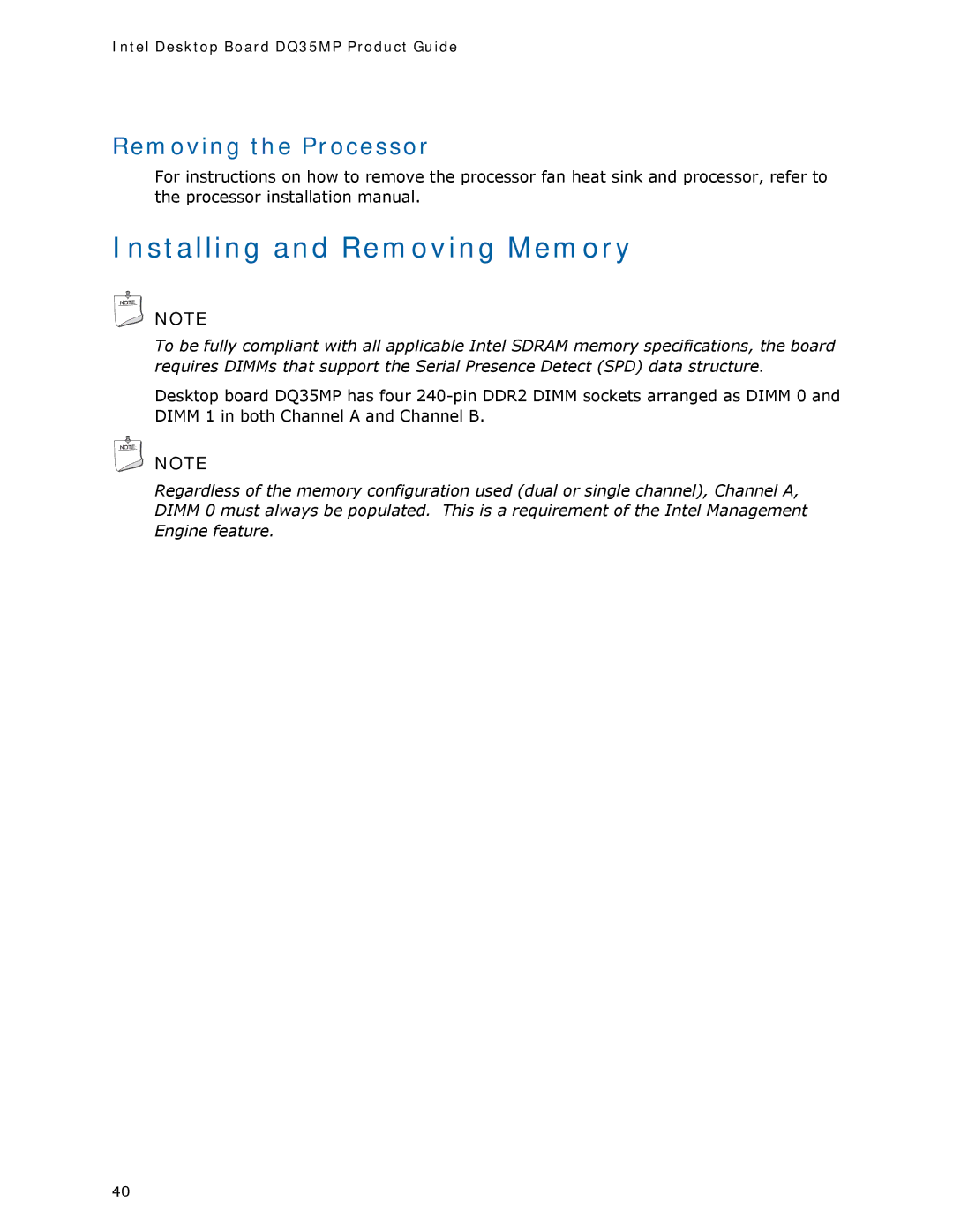 Intel DQ35MP manual Installing and Removing Memory, Removing the Processor 