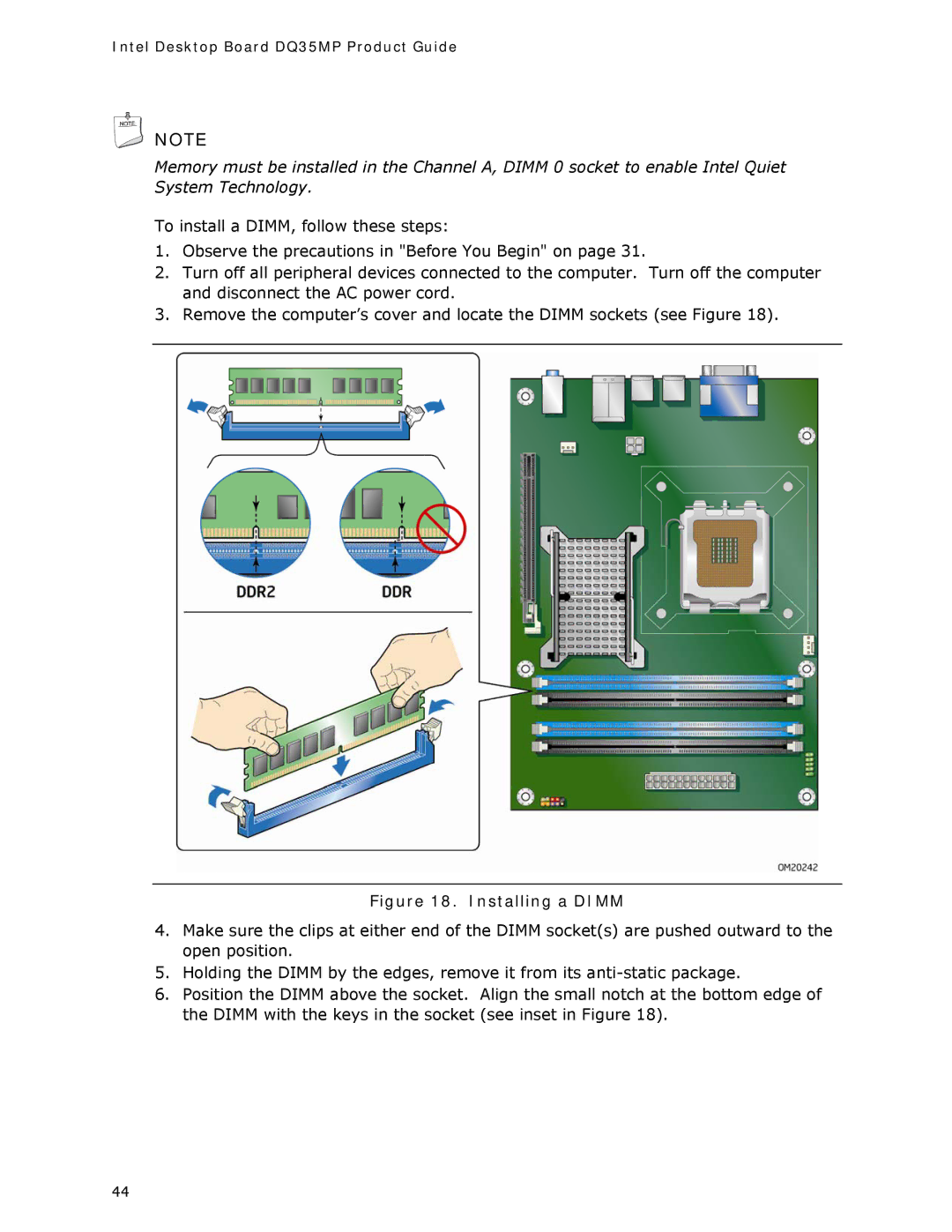 Intel DQ35MP manual Installing a Dimm 