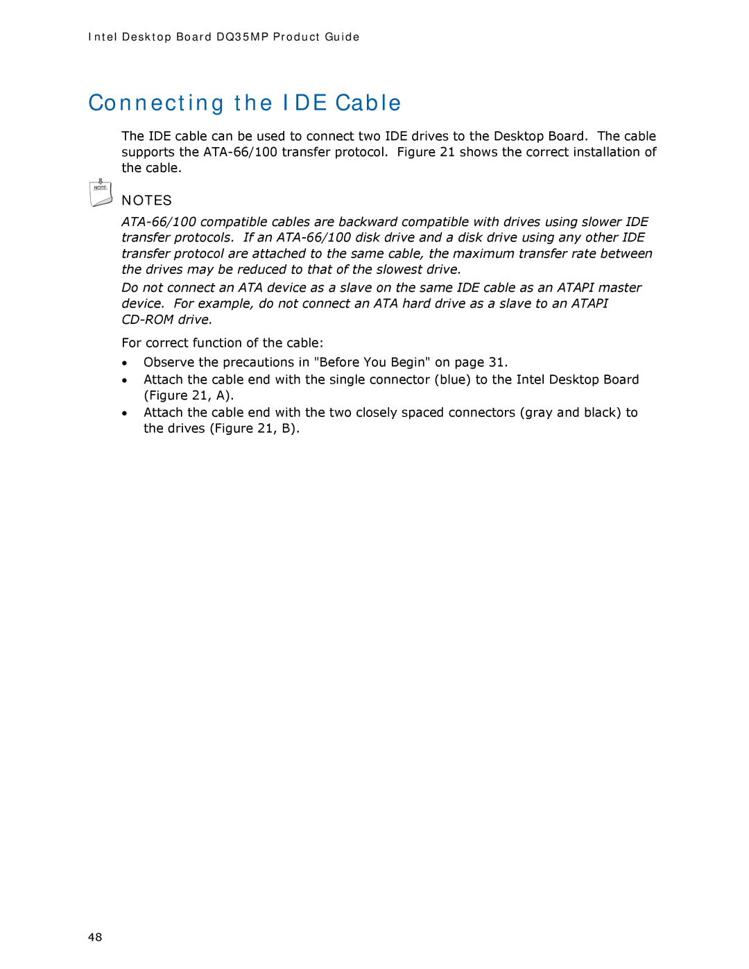 Intel DQ35MP manual Connecting the IDE Cable 