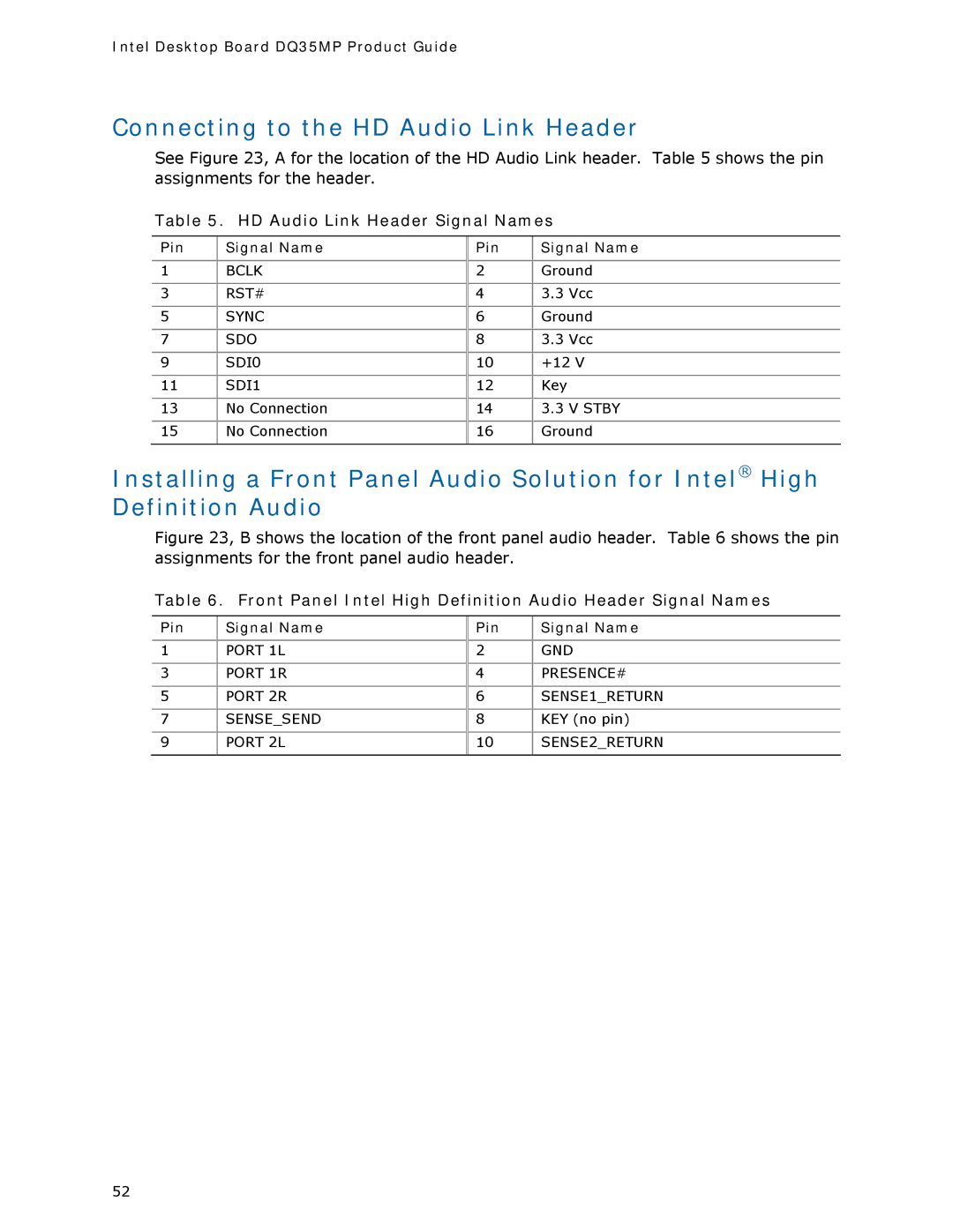 Intel DQ35MP manual Connecting to the HD Audio Link Header, HD Audio Link Header Signal Names, Pin Signal Name 