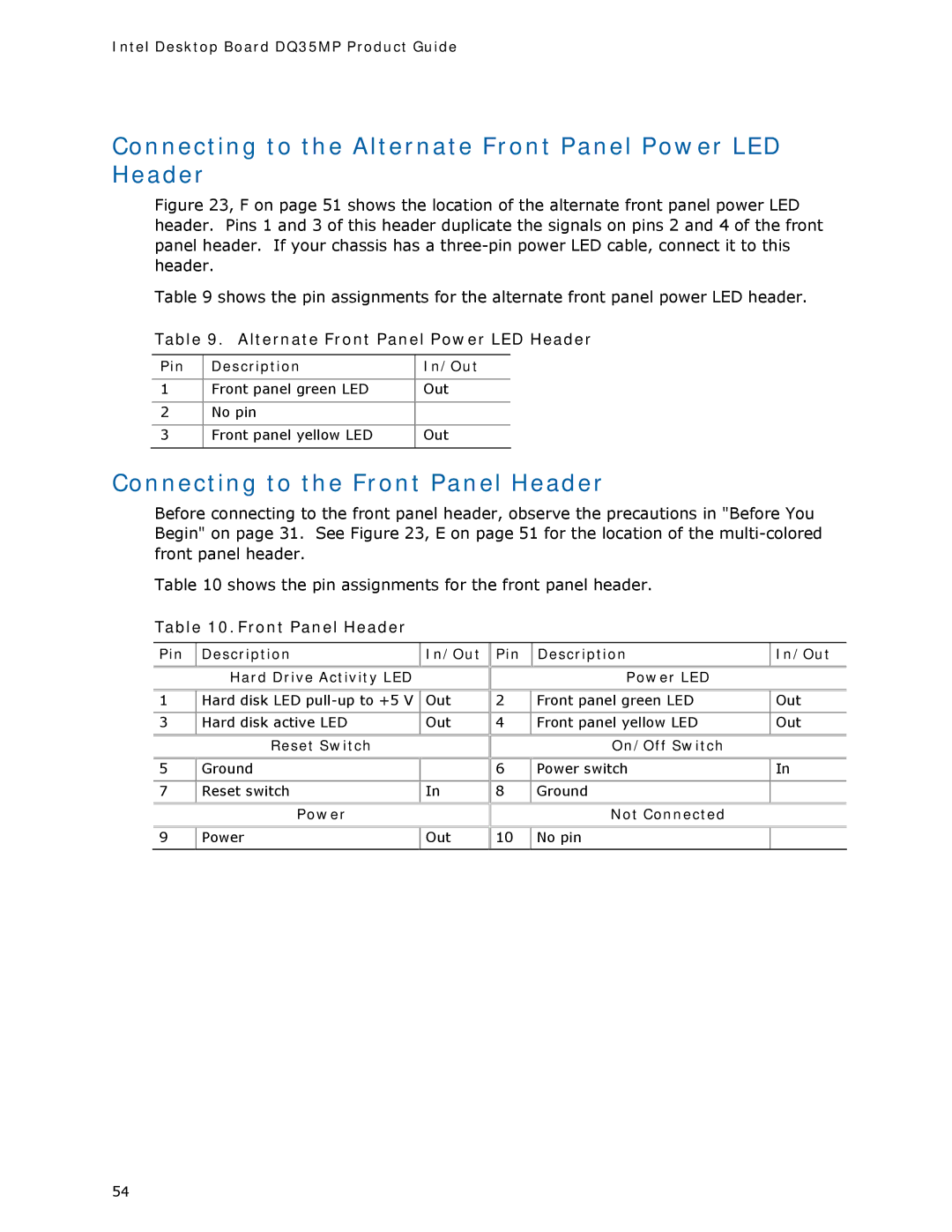 Intel DQ35MP manual Connecting to the Alternate Front Panel Power LED Header, Connecting to the Front Panel Header 
