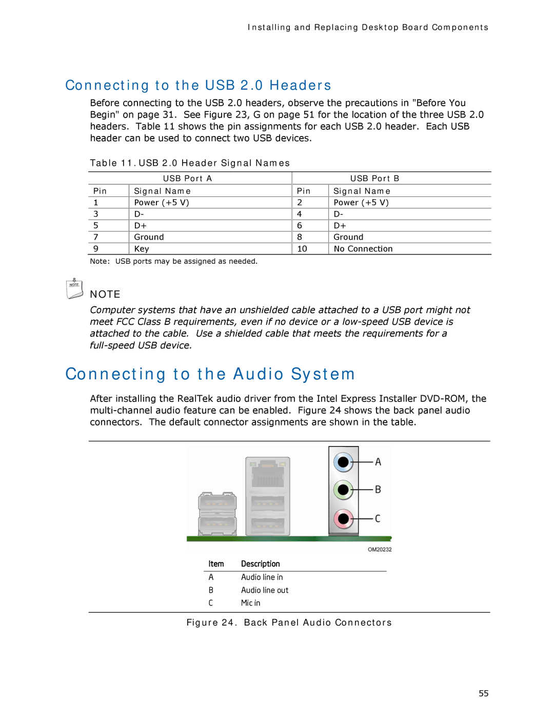 Intel DQ35MP Connecting to the Audio System, Connecting to the USB 2.0 Headers, USB 2.0 Header Signal Names, USB Port a 