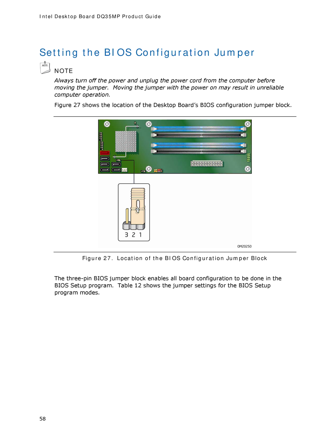 Intel DQ35MP manual Setting the Bios Configuration Jumper, Location of the Bios Configuration Jumper Block 