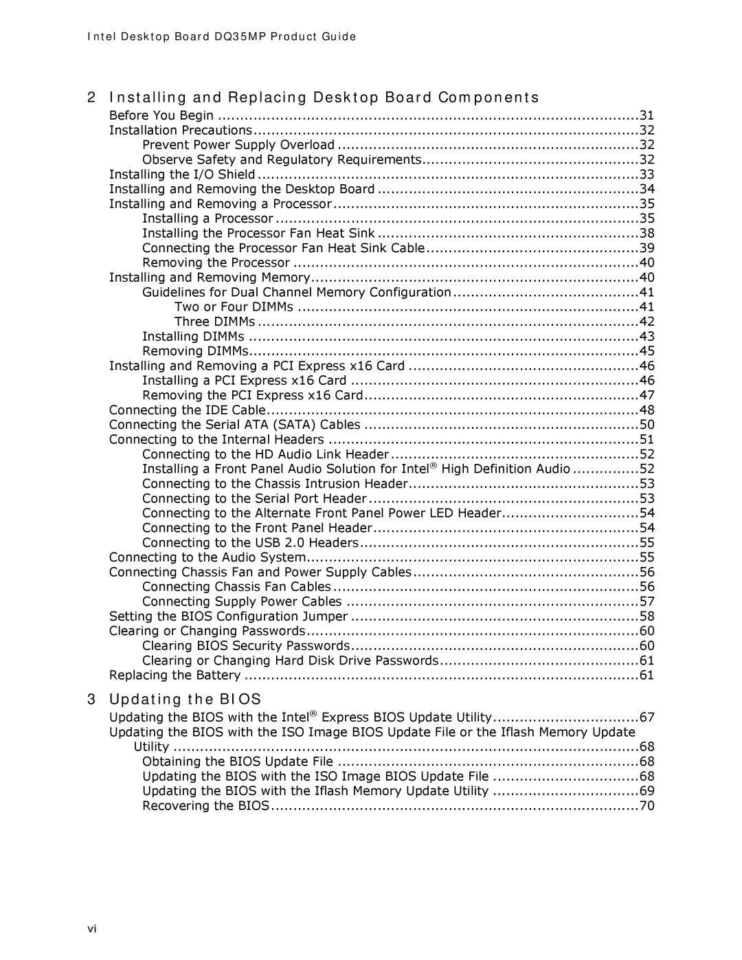 Intel DQ35MP manual Installing and Replacing Desktop Board Components 