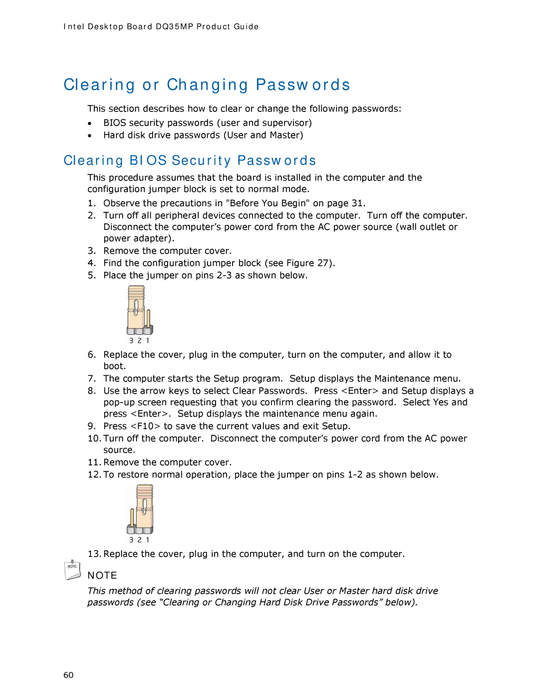 Intel DQ35MP manual Clearing or Changing Passwords, Clearing Bios Security Passwords 