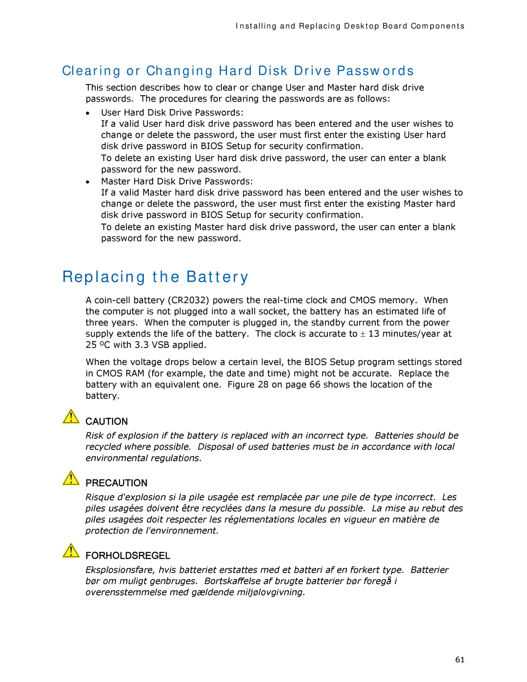 Intel DQ35MP manual Replacing the Battery, Clearing or Changing Hard Disk Drive Passwords 