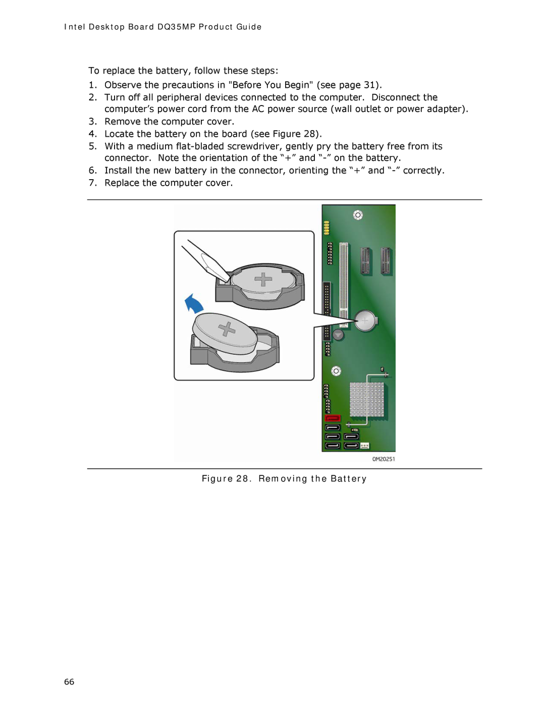 Intel DQ35MP manual Removing the Battery 