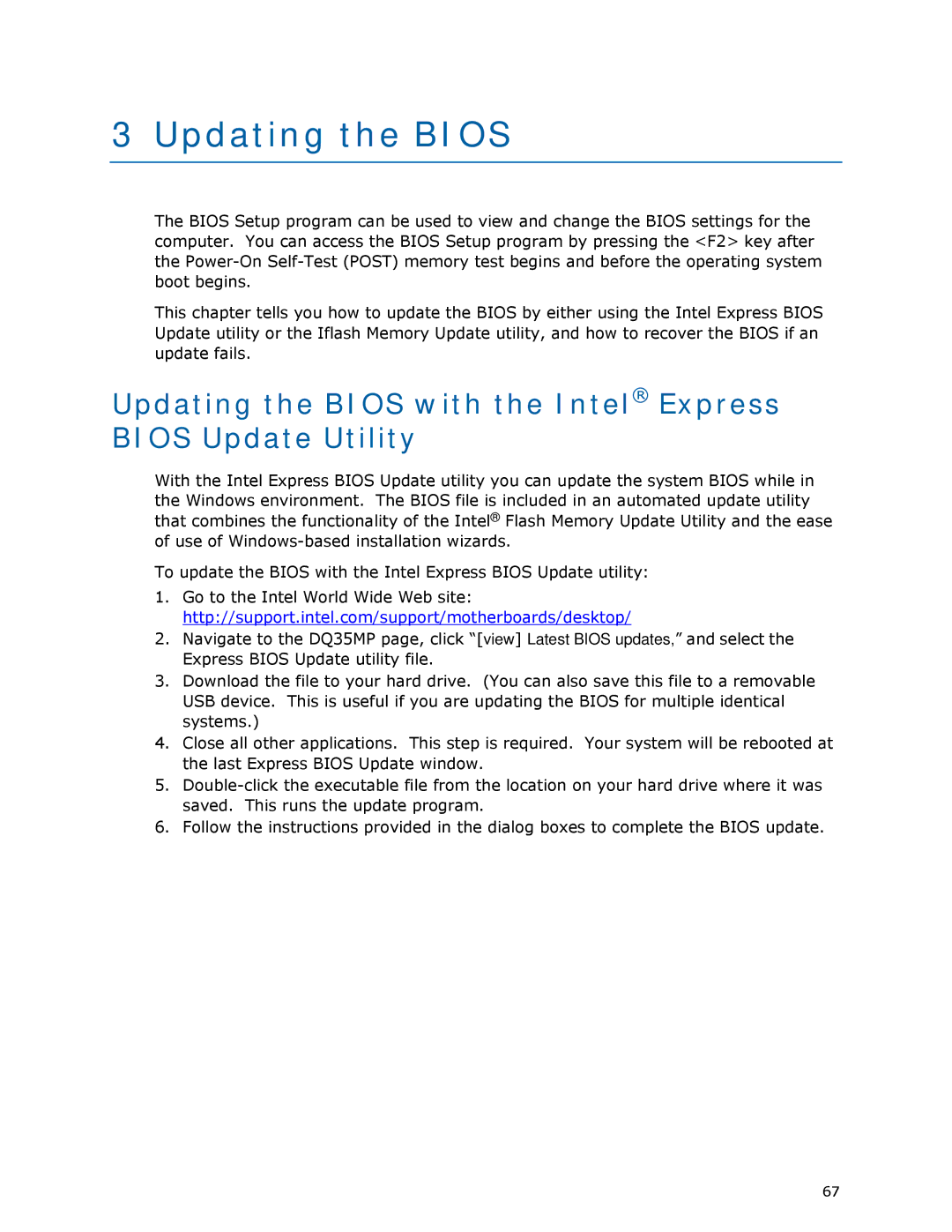 Intel DQ35MP manual Updating the Bios with the Intel Express Bios Update Utility 