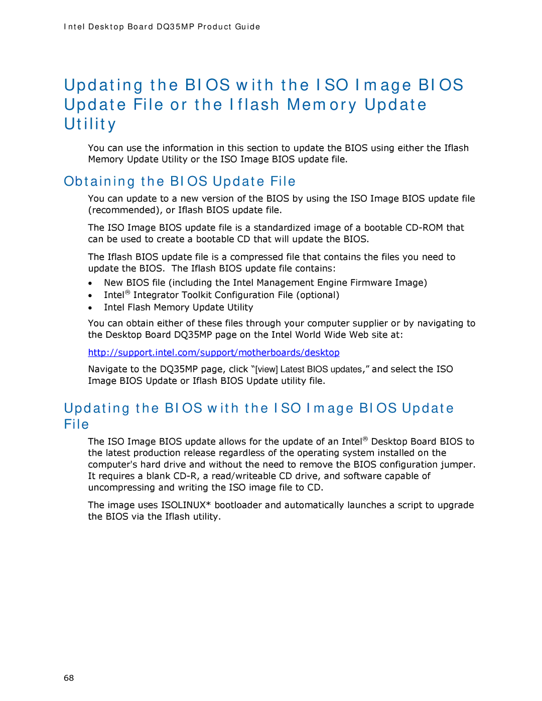 Intel DQ35MP manual Obtaining the Bios Update File, Updating the Bios with the ISO Image Bios Update File 