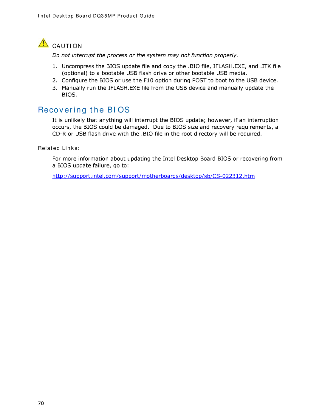 Intel DQ35MP manual Recovering the Bios, Related Links 