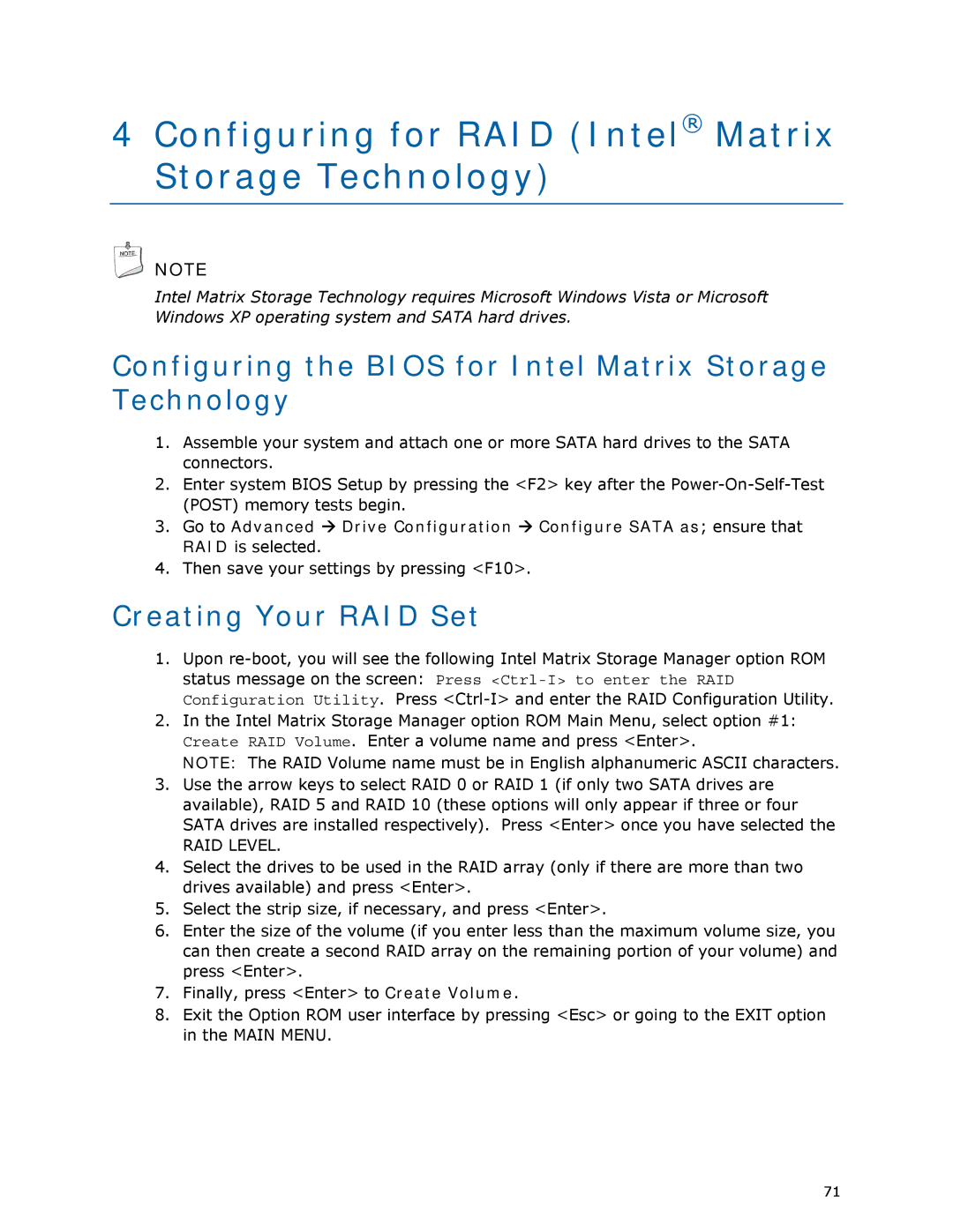 Intel DQ35MP manual Configuring for RAID Intel Matrix Storage Technology, Creating Your RAID Set 