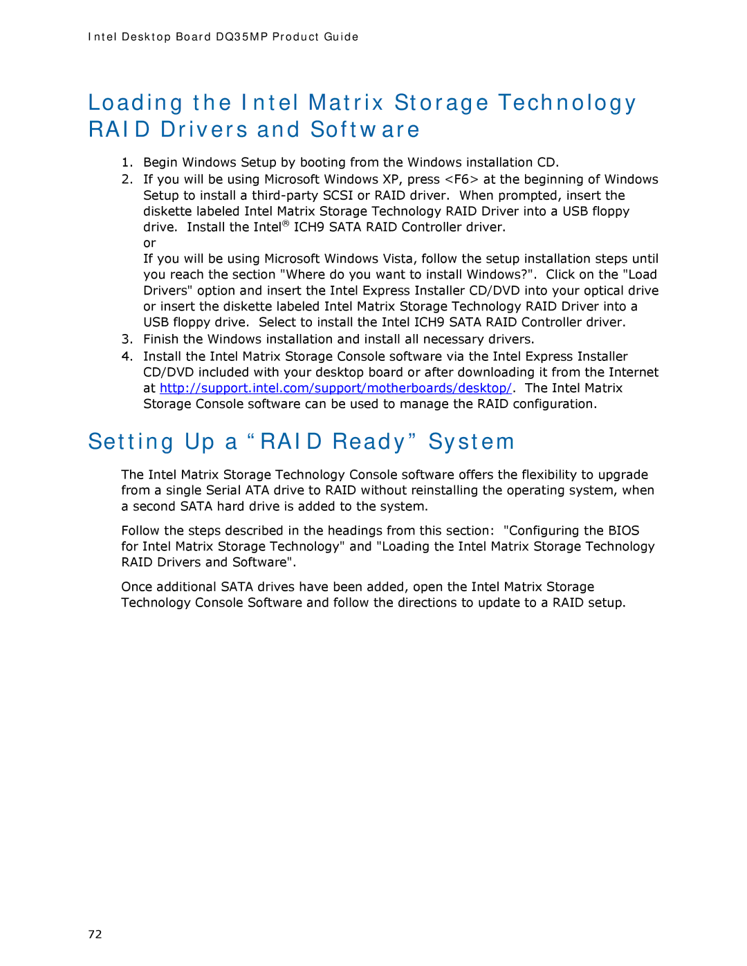 Intel DQ35MP manual Setting Up a RAID Ready System 