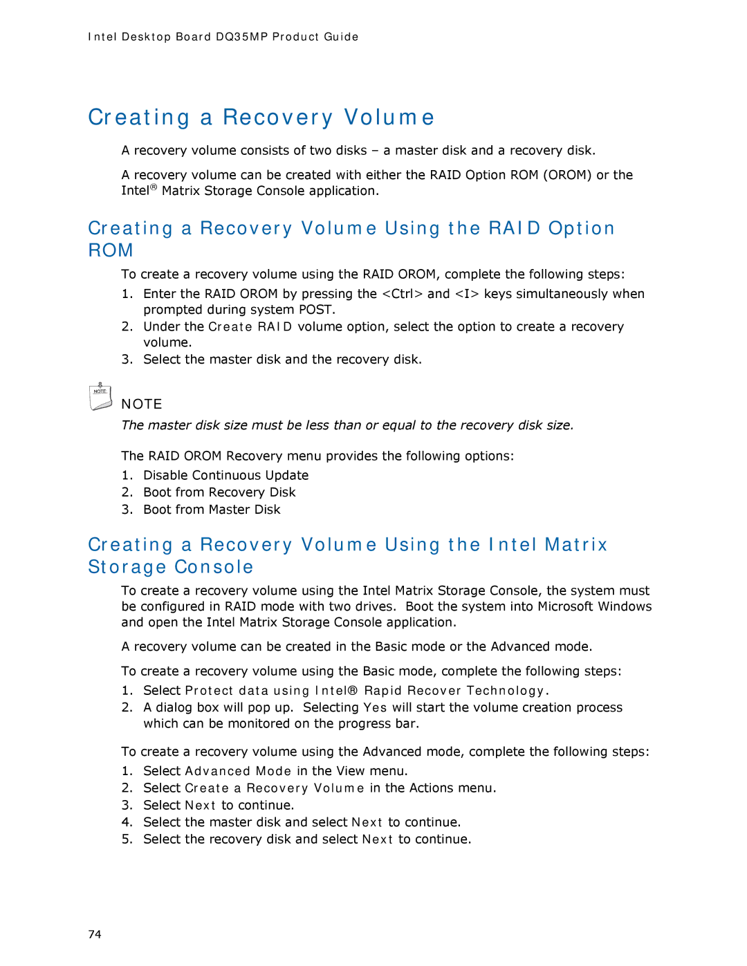 Intel DQ35MP manual Creating a Recovery Volume Using the RAID Option 