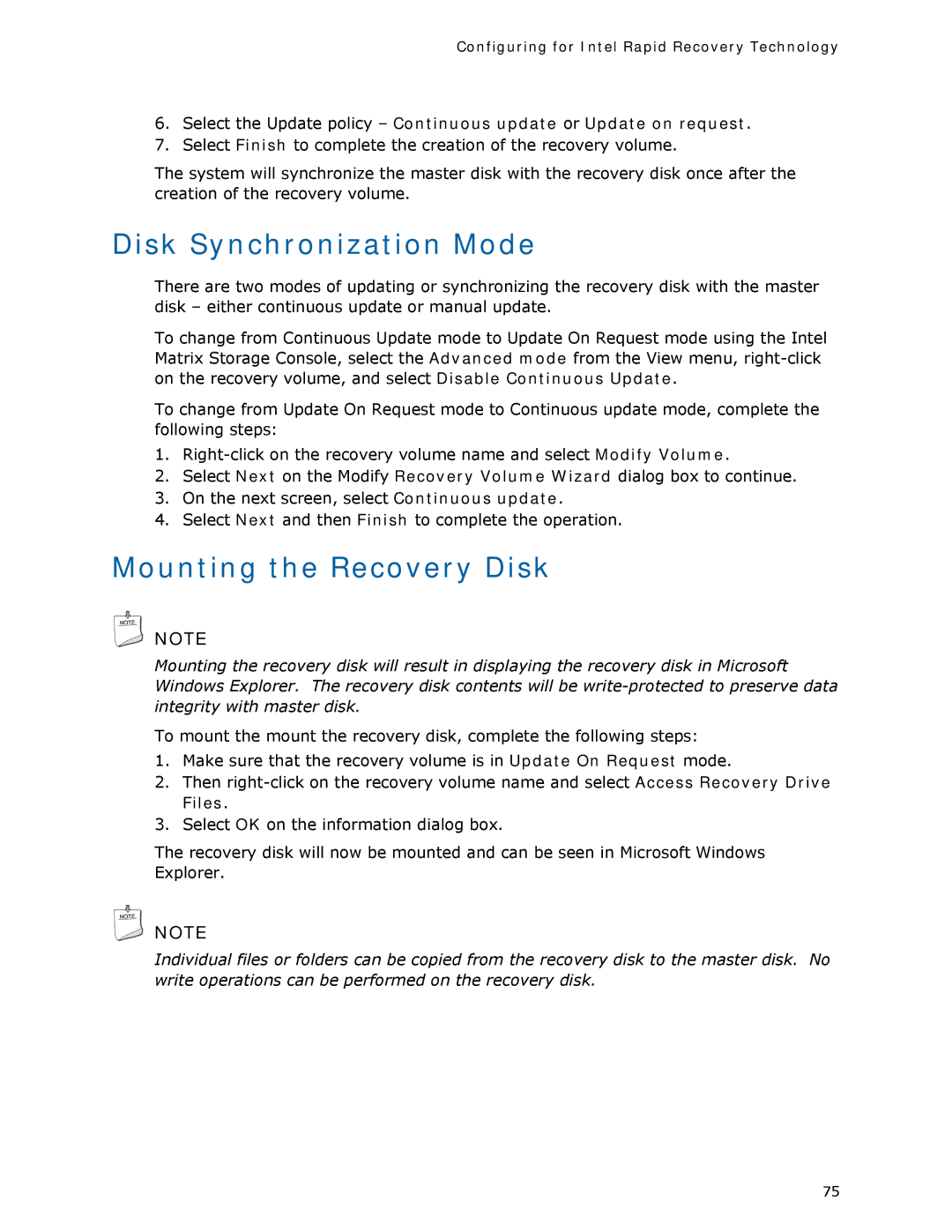 Intel DQ35MP manual Disk Synchronization Mode, Mounting the Recovery Disk, Configuring for Intel Rapid Recovery Technology 