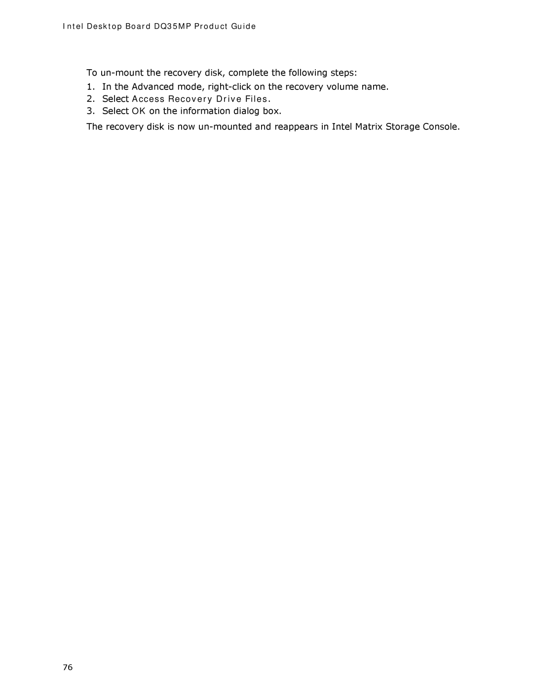 Intel DQ35MP manual Select Access Recovery Drive Files 