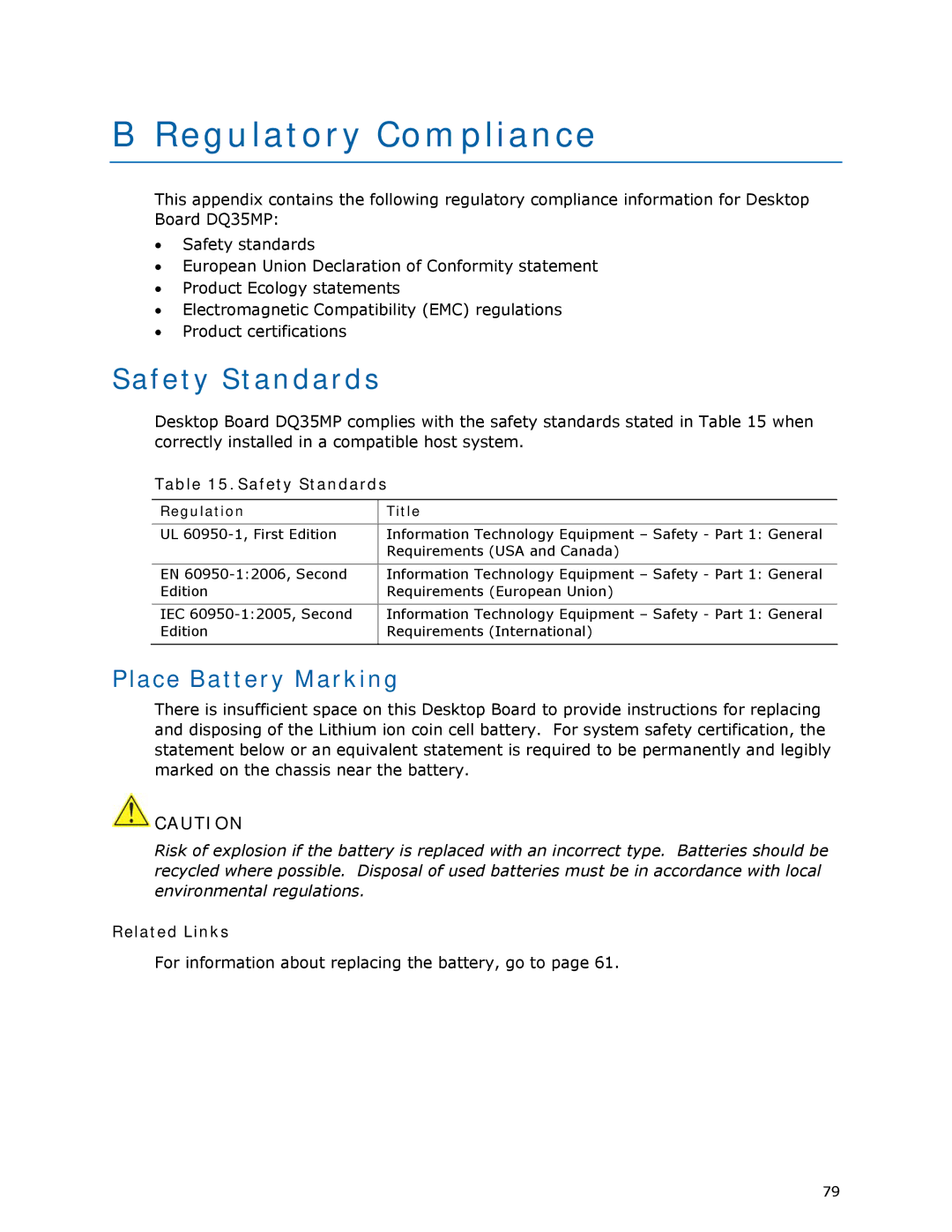 Intel DQ35MP manual Regulatory Compliance, Safety Standards, Place Battery Marking, Regulation Title 