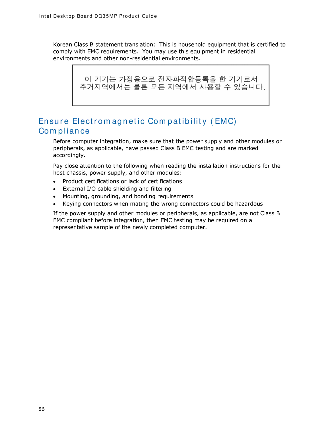 Intel DQ35MP manual Ensure Electromagnetic Compatibility EMC Compliance 