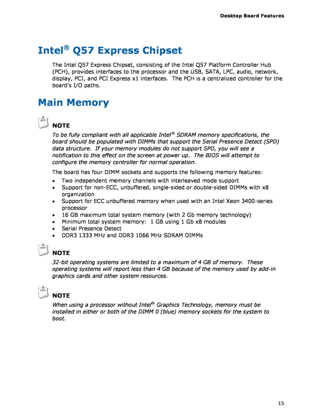 Intel DQ57TM manual Intel Q57 Express Chipset, Main Memory 