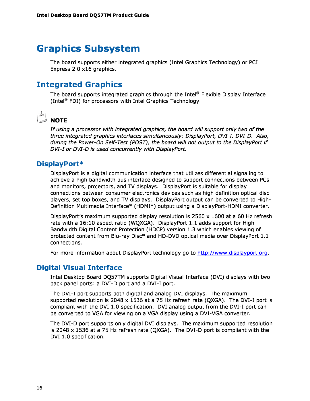 Intel DQ57TM manual Graphics Subsystem, Integrated Graphics, DisplayPort, Digital Visual Interface 
