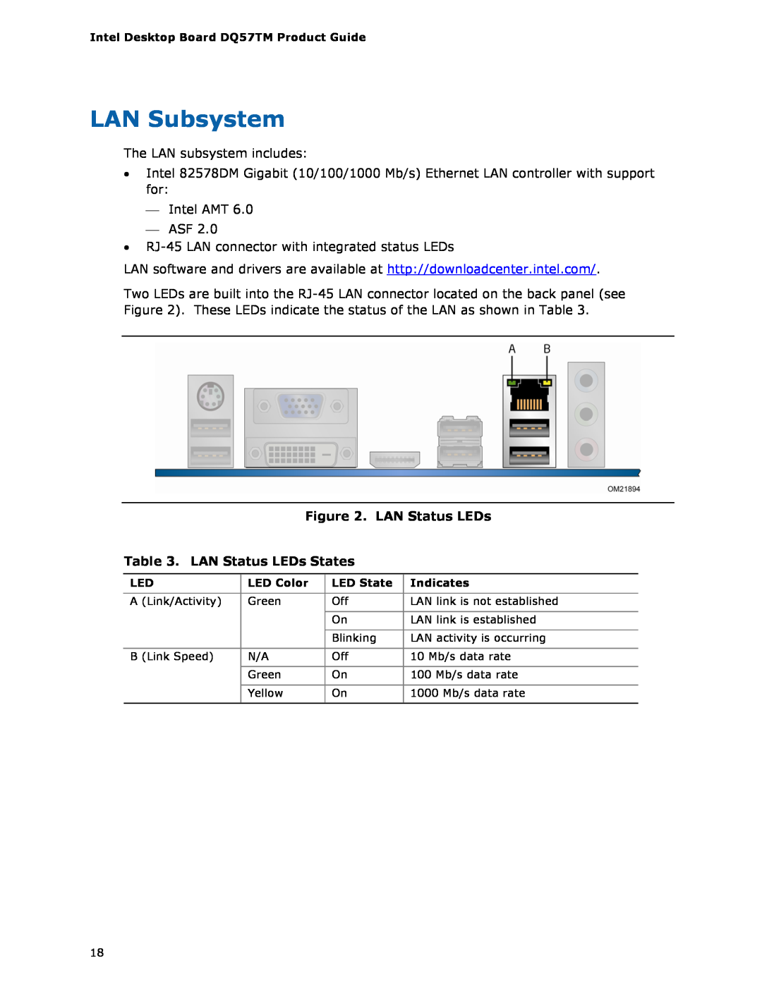 Intel DQ57TM manual LAN Subsystem, LAN Status LEDs States 