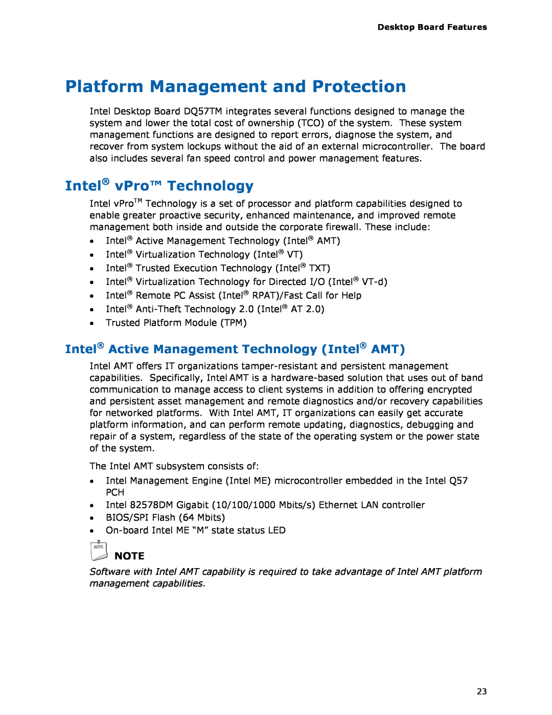 Intel DQ57TM manual Platform Management and Protection, Intel vPro Technology, Intel Active Management Technology Intel AMT 