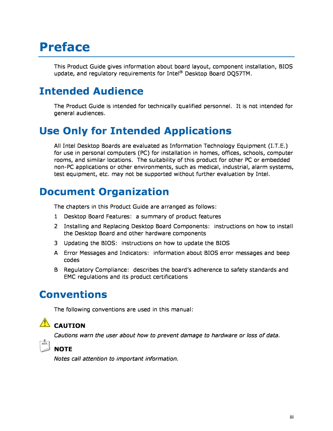 Intel DQ57TM manual Preface, Intended Audience, Use Only for Intended Applications, Document Organization, Conventions 