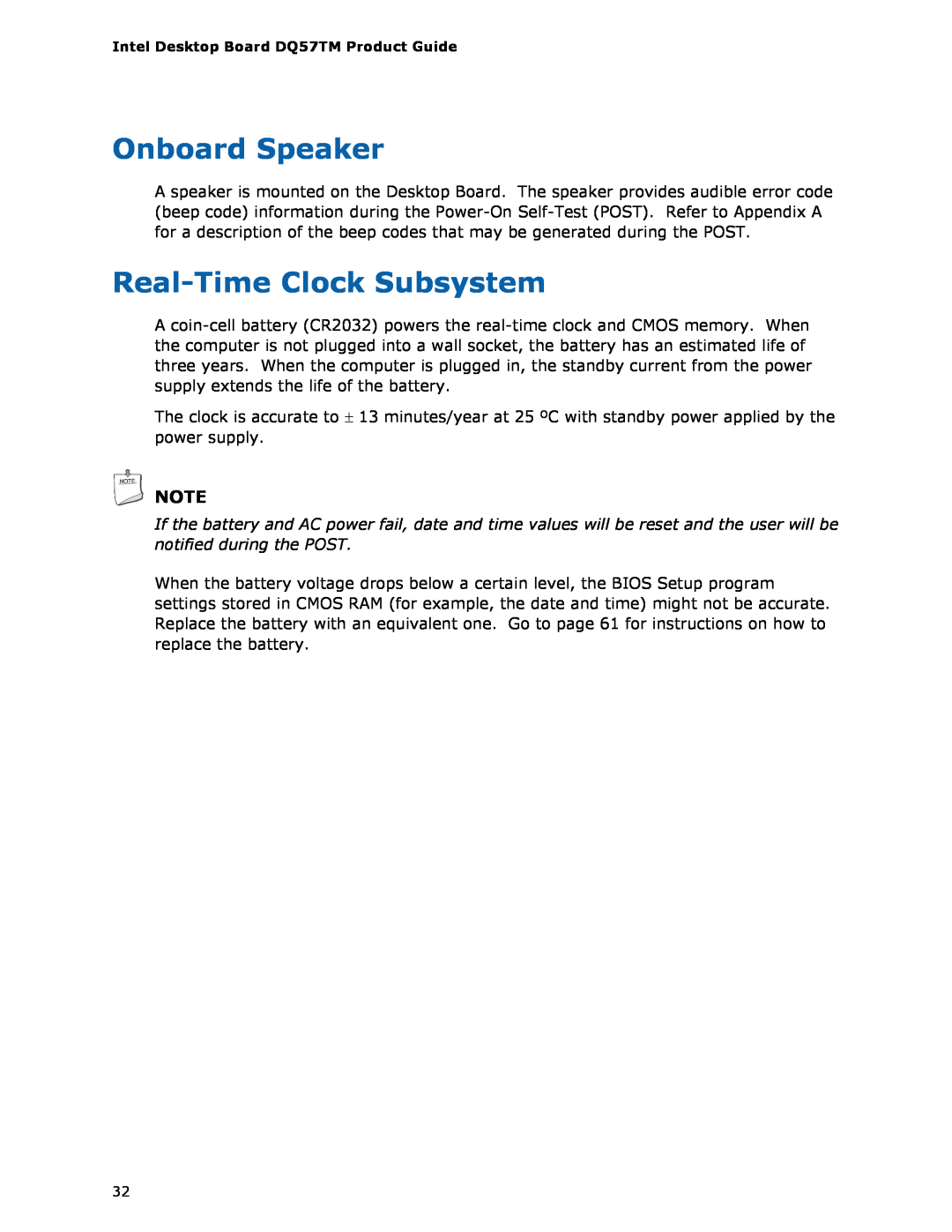 Intel DQ57TM manual Onboard Speaker, Real-TimeClock Subsystem 