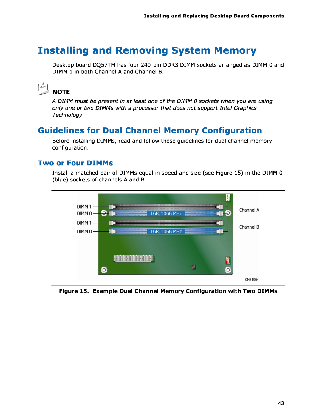 Intel DQ57TM Installing and Removing System Memory, Guidelines for Dual Channel Memory Configuration, Two or Four DIMMs 