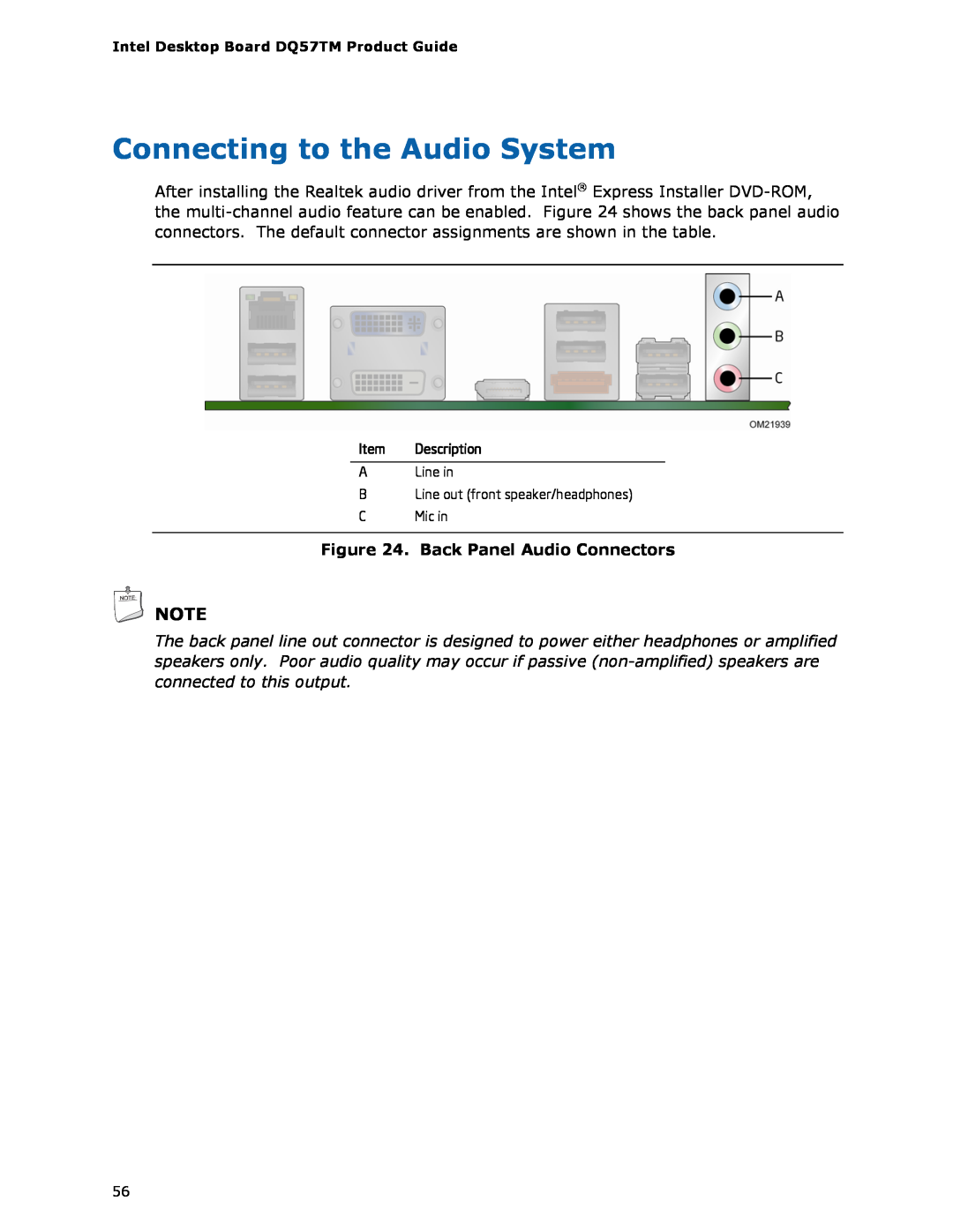 Intel DQ57TM manual Connecting to the Audio System, Back Panel Audio Connectors 