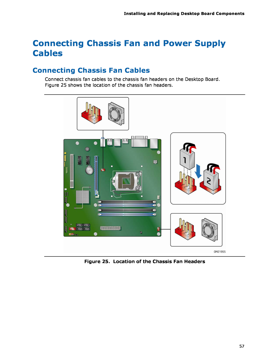 Intel DQ57TM manual Connecting Chassis Fan and Power Supply Cables, Connecting Chassis Fan Cables 