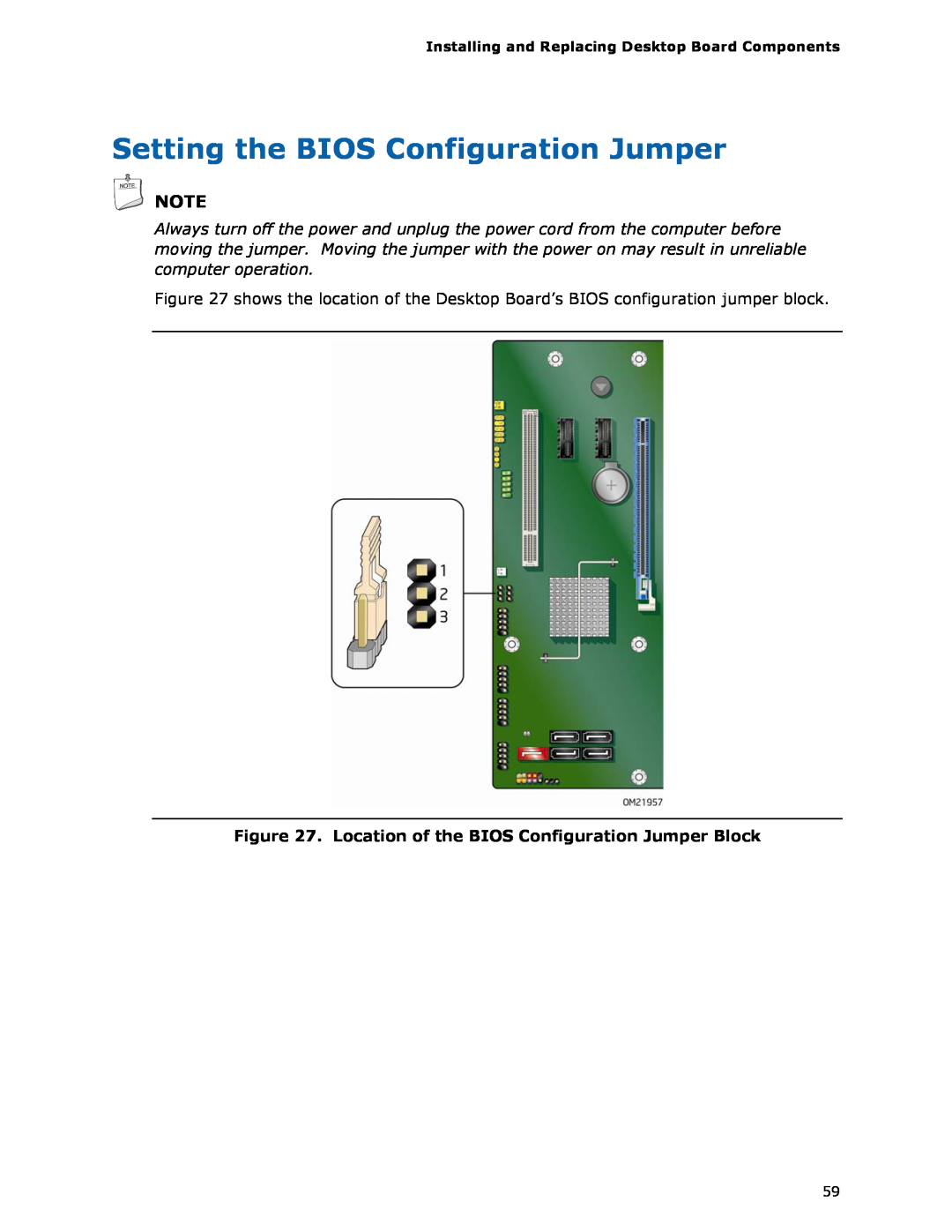 Intel DQ57TM manual Setting the BIOS Configuration Jumper 