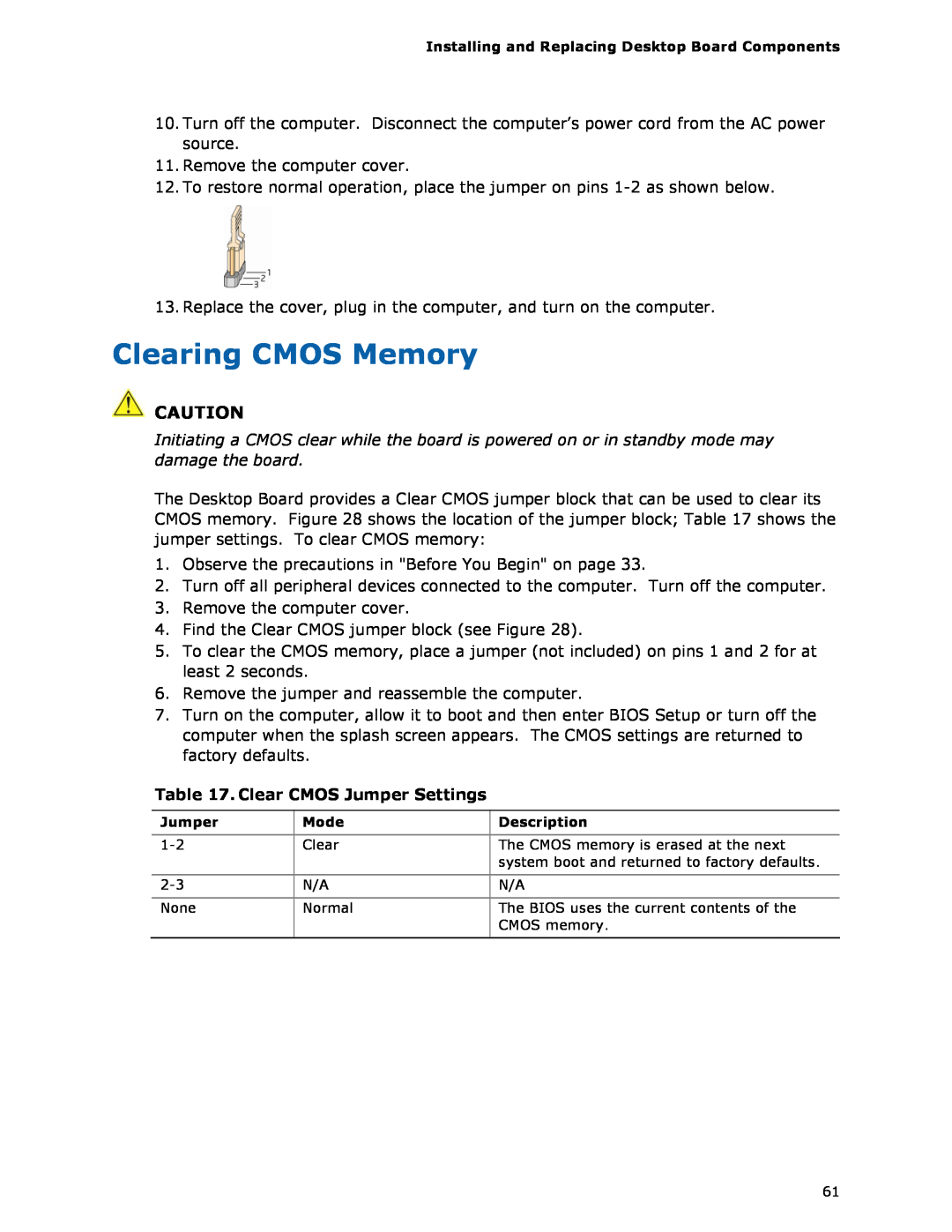Intel DQ57TM manual Clearing CMOS Memory, Clear CMOS Jumper Settings 