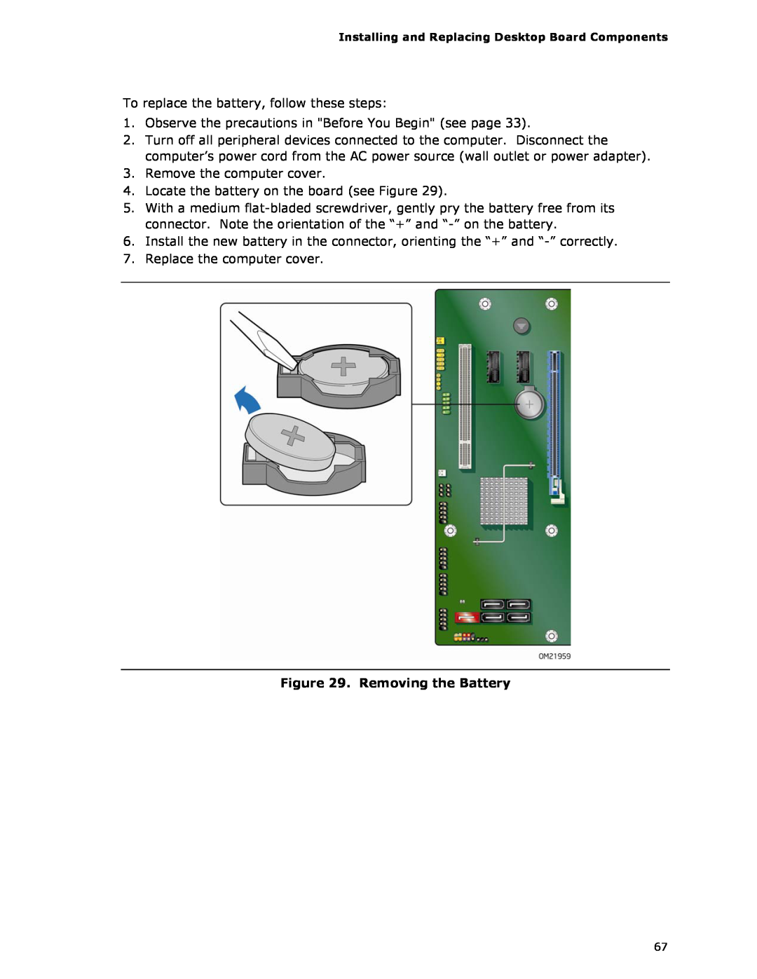 Intel DQ57TM manual Removing the Battery 