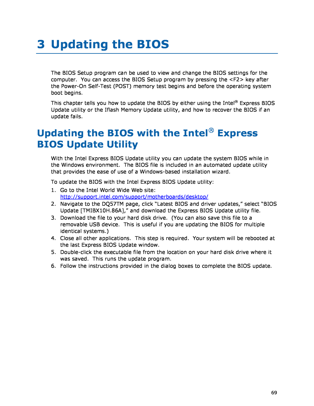 Intel DQ57TM manual Updating the BIOS with the Intel Express, BIOS Update Utility 